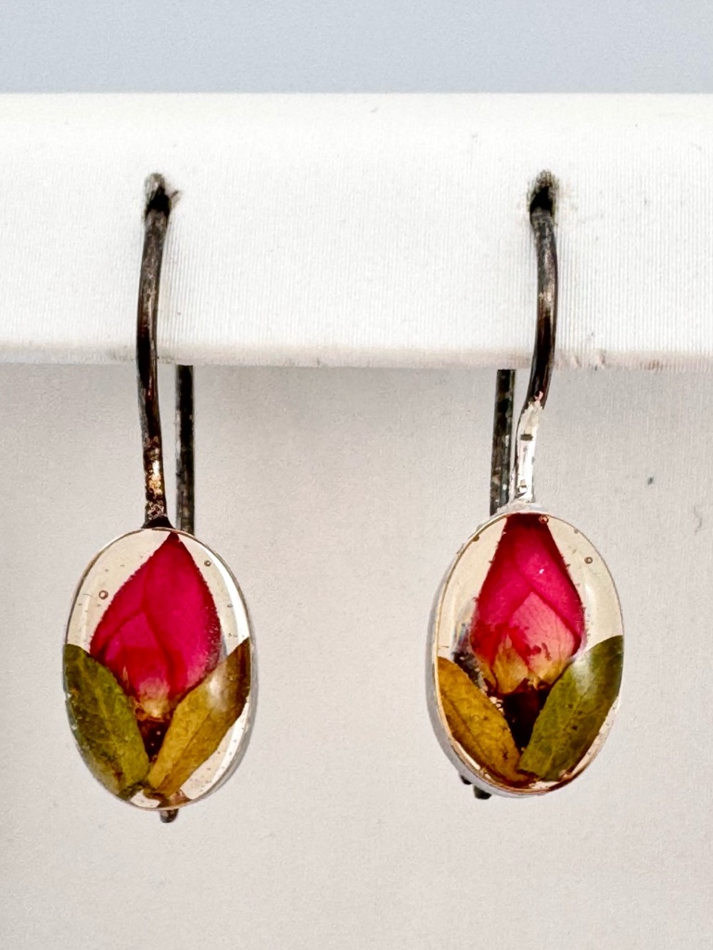 Tiny Dried Rose Earrings Flower In Resin Tarnished Patina Cottagecore Floral